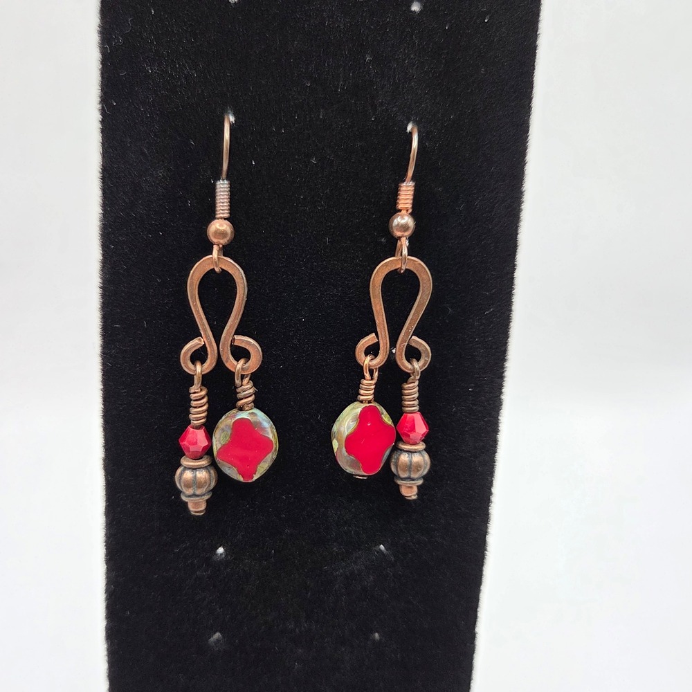 Vintage Czech Glass Red Dangle Earrings, Copper-Tone, 2" Drop